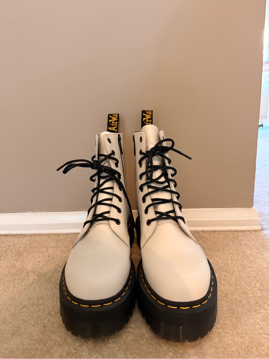 Dr. Martens White Lace-Up Platform Combat Boots With Black Laces